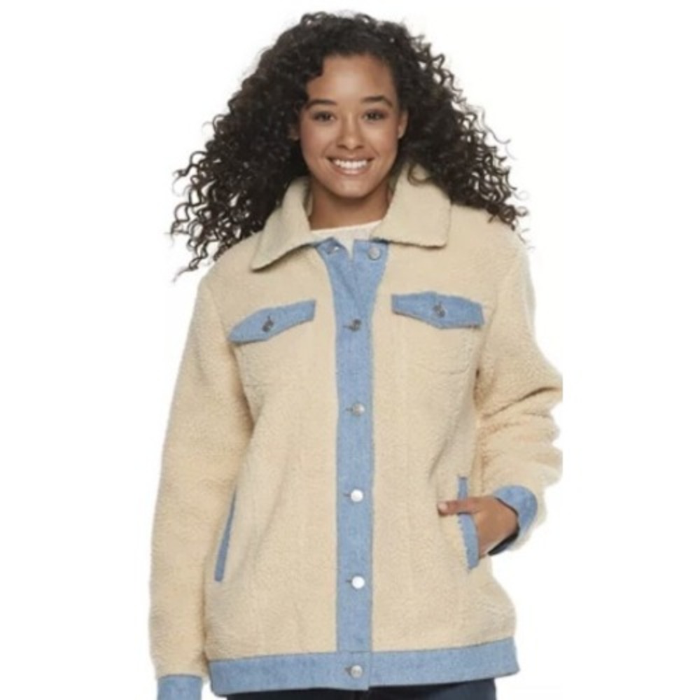 Madden NYC Faux Fur Sherpa Jacket Womens S Beige Denim Trim Casual Cozy